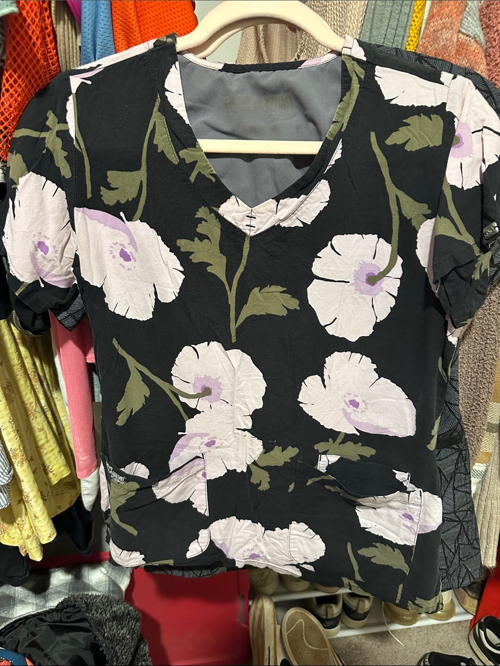 Grey's Anatomy Black Floral V-Neck Scrub Top with Pockets